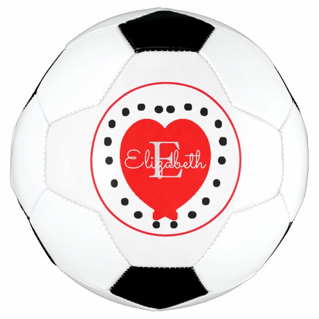 Chic White Grey Initial Letter Monogram Red Heart Soccer Ball (Front)