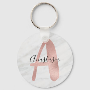 Chic White & Grey Marble Rose Gold A Monogram Name Keychain
