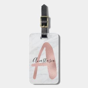 Chic White & Grey Marble Rose Gold A Monogram Name Luggage Tag