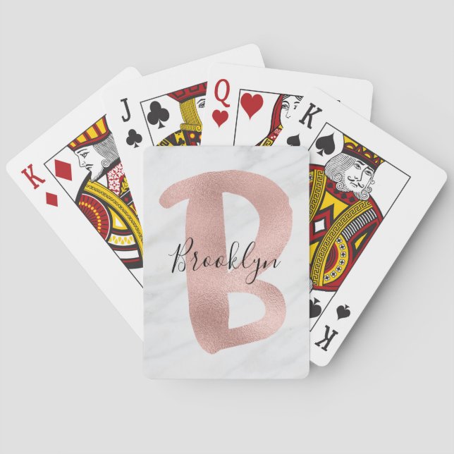 Chic White & Grey Marble Rose Gold B Monogram Name Playing Cards (Back)