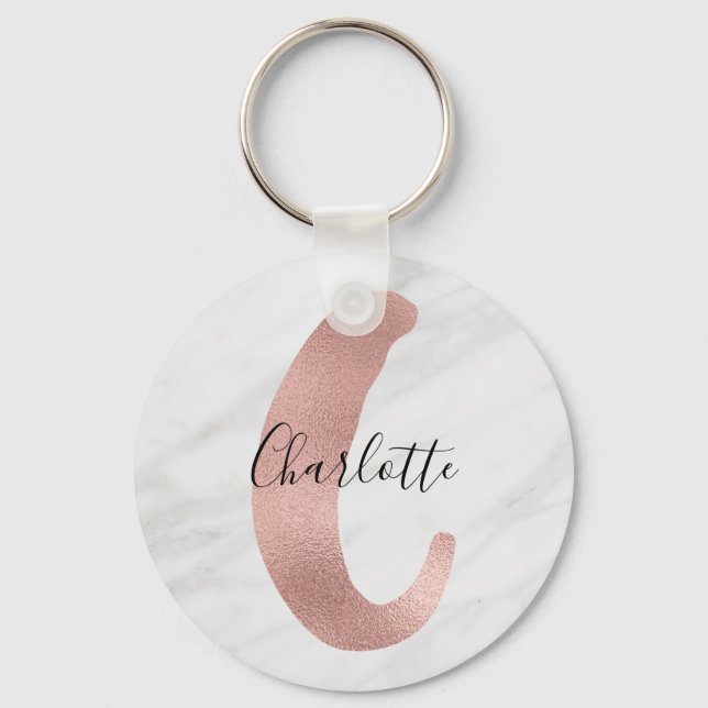 Chic White & Grey Marble Rose Gold C Monogram Name Keychain (Front)