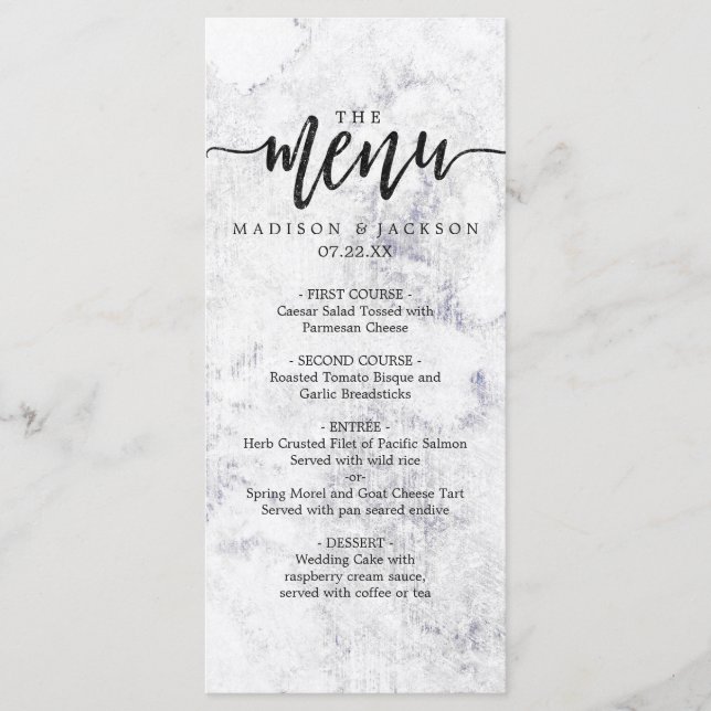 Chic White & Grey Marble Wedding Menu (Front)