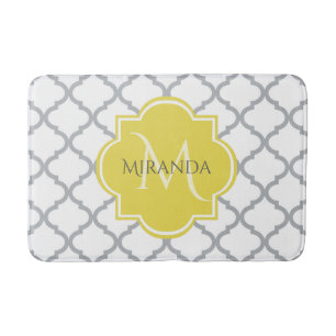Chic White Grey Quatrefoil Yellow Monogrammed Name Bath Mat