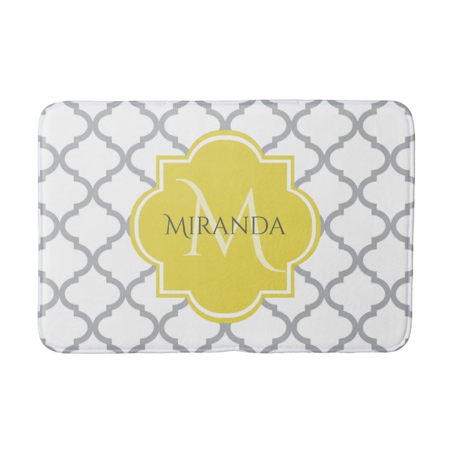 Chic White Grey Quatrefoil Yellow Monogrammed Name Bath Mat (Front)