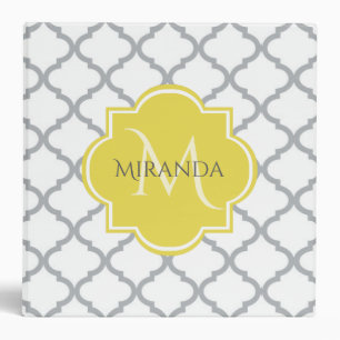 Chic White Grey Quatrefoil Yellow Monogrammed Name Binder