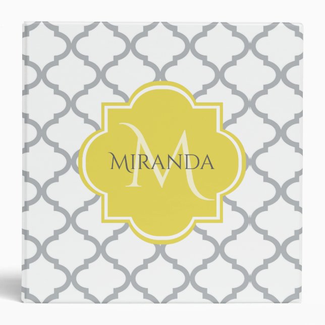 Chic White Grey Quatrefoil Yellow Monogrammed Name Binder (Front)