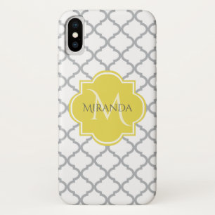 Chic White Grey Quatrefoil Yellow Monogrammed Name Case-Mate iPhone Case