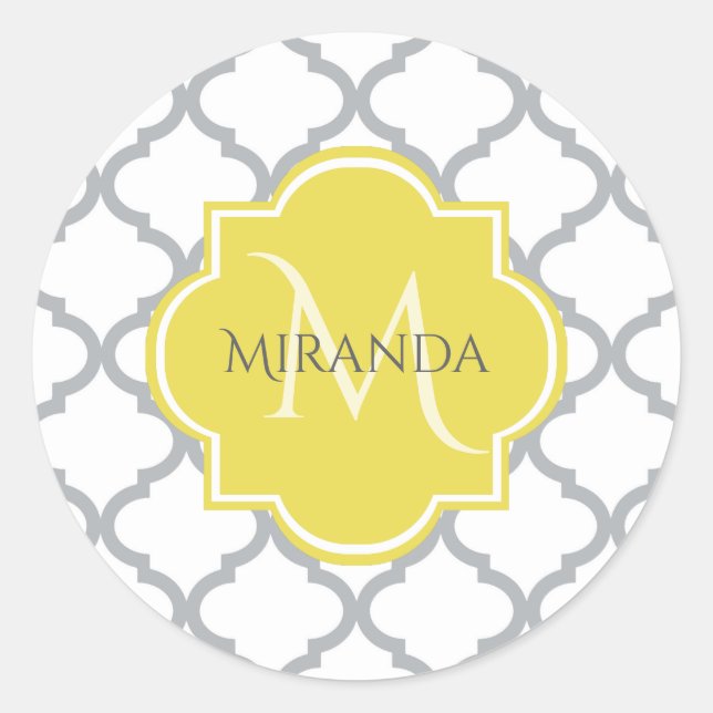 Chic White Grey Quatrefoil Yellow Monogrammed Name Classic Round Sticker (Front)