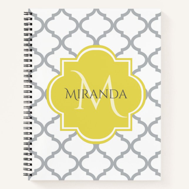 Chic White Grey Quatrefoil Yellow Monogrammed Name Notebook (Front)
