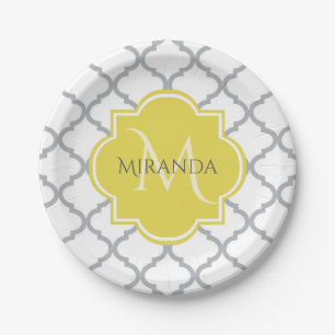 Chic White Grey Quatrefoil Yellow Monogrammed Name Paper Plate