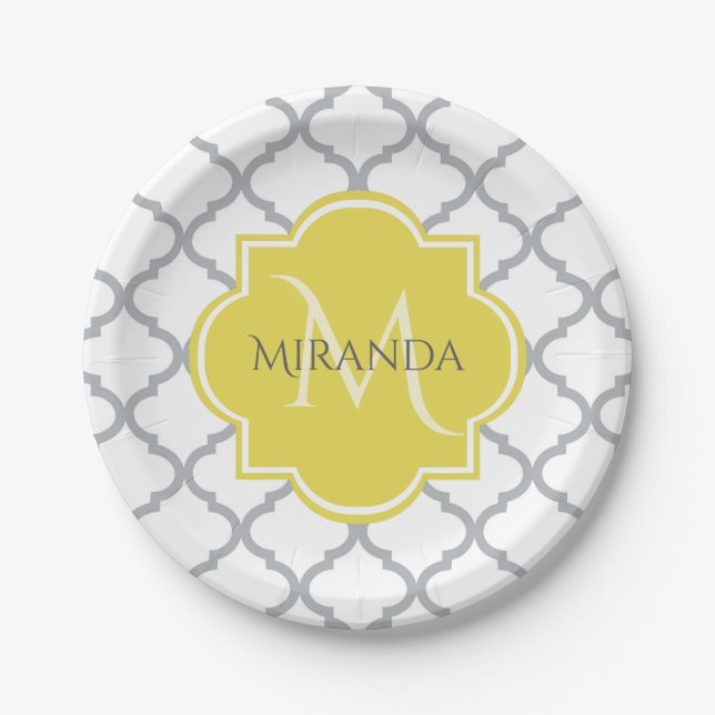 Chic White Grey Quatrefoil Yellow Monogrammed Name Paper Plate (Front)