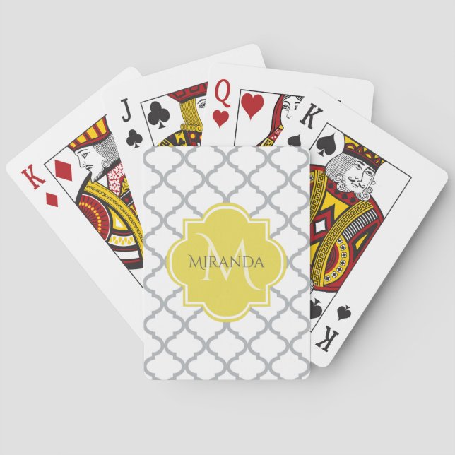 Chic White Grey Quatrefoil Yellow Monogrammed Name Playing Cards (Back)