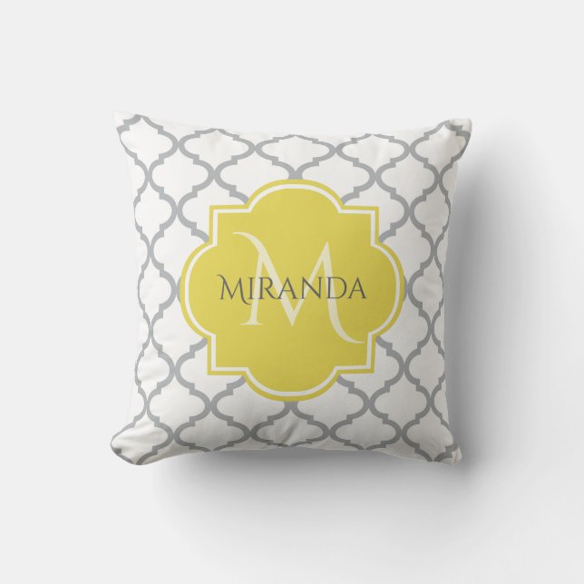 Chic White Grey Quatrefoil Yellow Monogrammed Name Throw Pillow (Front)