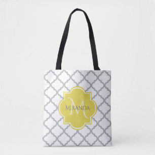Chic White Grey Quatrefoil Yellow Monogrammed Name Tote Bag