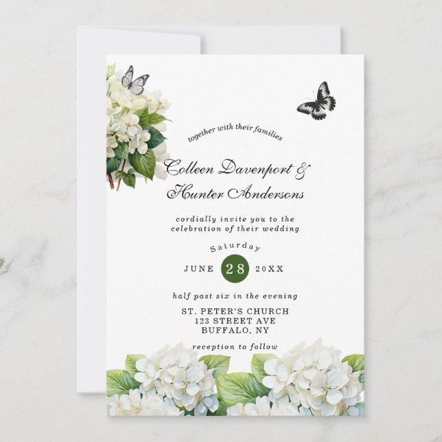 Chic White Hydrangea Butterfly Wedding Invitation (Front)