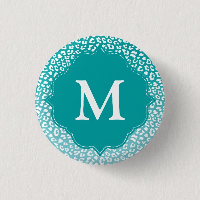 Chic White Leopard Spots on Turquoise Monogram 1 Inch Round Button (Front)
