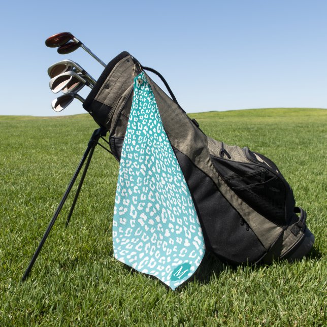 Chic White Leopard Spots on Turquoise Monogram Golf Towel (Green)