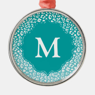 Chic White Leopard Spots on Turquoise Monogram Metal Ornament