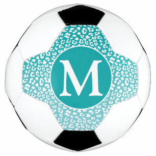 Chic White Leopard Spots on Turquoise Monogram Soccer Ball