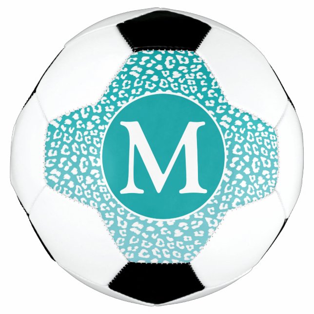 Chic White Leopard Spots on Turquoise Monogram Soccer Ball (Front)