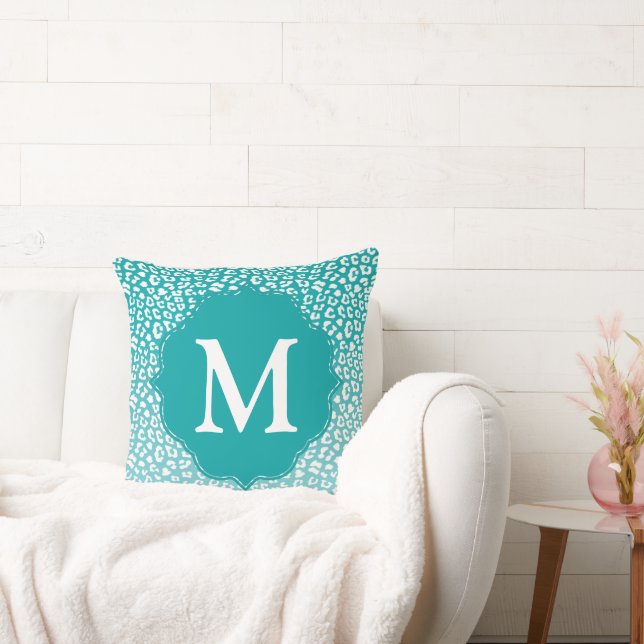 Chic White Leopard Spots on Turquoise Monogram Throw Pillow (Couch)