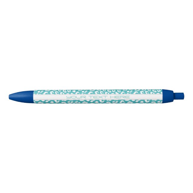 Chic White Leopard Spots on Turquoise Personalized Blue Ink Pen (Front)