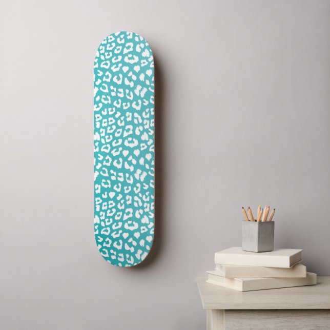 Chic White Leopard Spots on Turquoise Skateboard (Wall Art)