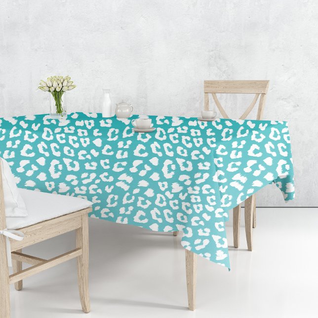Chic White Leopard Spots on Turquoise Tablecloth (Turquoise Leopard Print Pattern Tablecloth by Looly Elzayat
)