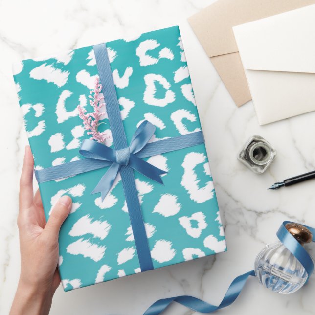 Chic White Leopard Spots on Turquoise Wrapping Paper (Gifting)