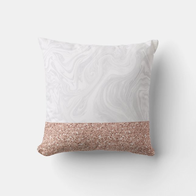 Chic White Marble with Pink Faux Rose Gold Glitter Throw Pillow (Front)