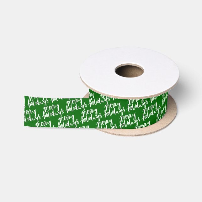 Chic White Merry Holidays Greeting Wish On Green Satin Ribbon (Spool)