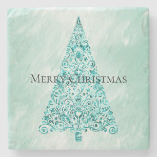 Chic White Mint Christmas Tree Glitter Stone Coaster