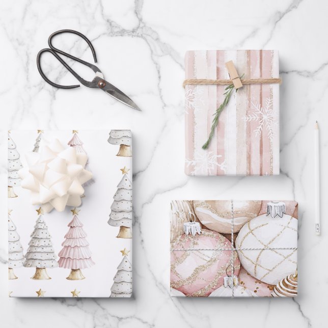 Chic White Mint Pink Christmas Trees Wrapping Paper Sheet (Front)