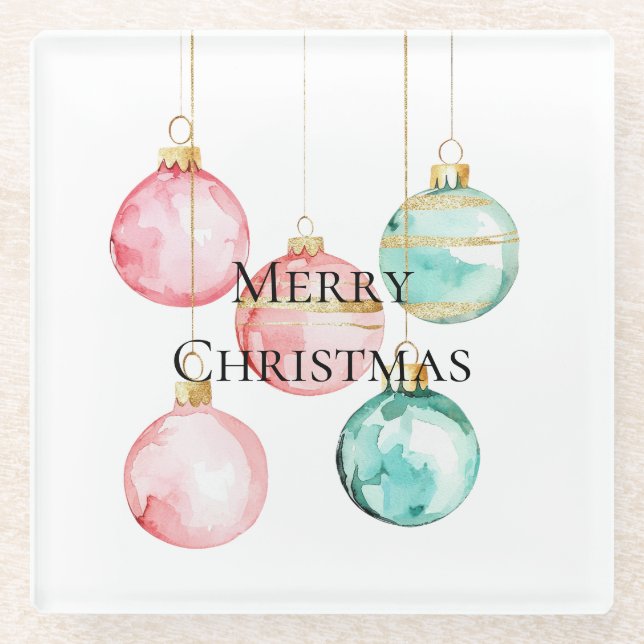 Chic White Mint Pink Gold Christmas Ornaments Glass Coaster (Front)