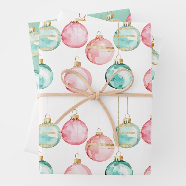 Chic White Mint Pink Gold Christmas Ornaments Wrapping Paper Sheet (In situ)