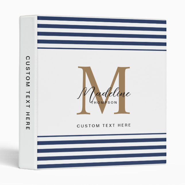 Chic White Navy Blue Stripes Script Gold Monogram Binder (Front/Spine)