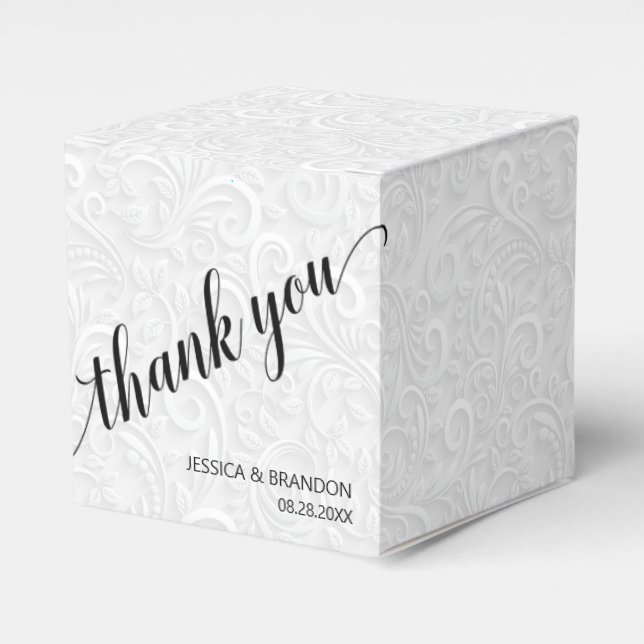 Chic White on White Filigree Wedding Thank You Favor Box (Front Side)