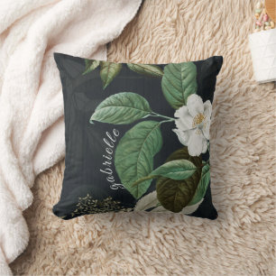 Chic White Peony On Black Personalized Throw Pillow