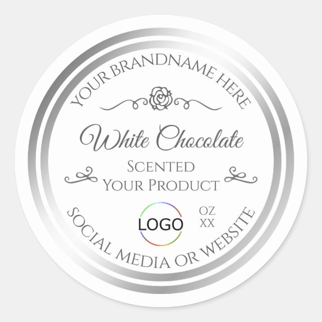 Chic White Product Label Silver Frame with Logo (Front)