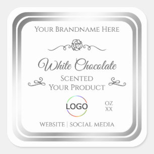 Chic White Product Label Silver Frame with Logo