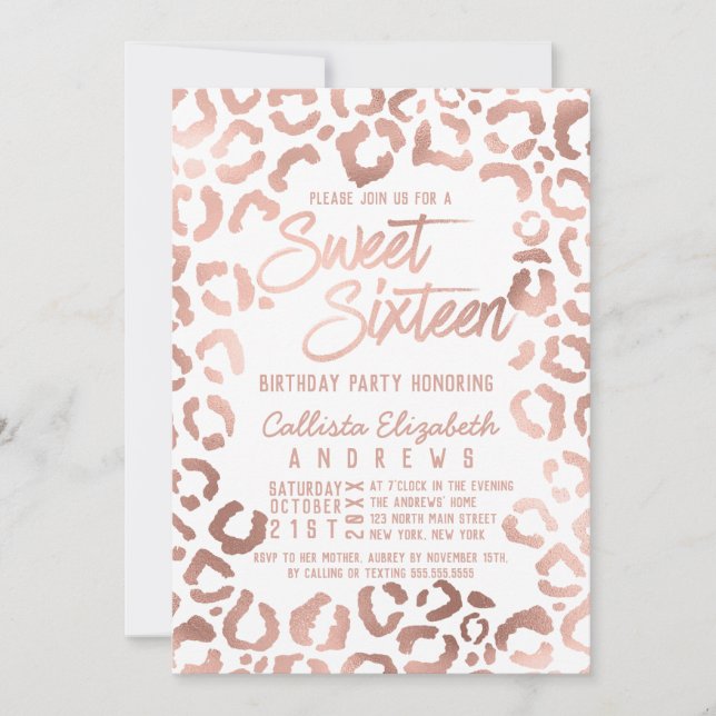Chic White Rose Gold Cheetah Leopard Sweet 16 Invitation (Front)