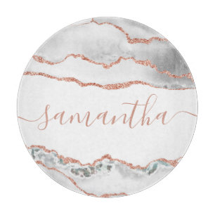Chic White Rose Gold Glitter Agate Custom Name Cutting Board