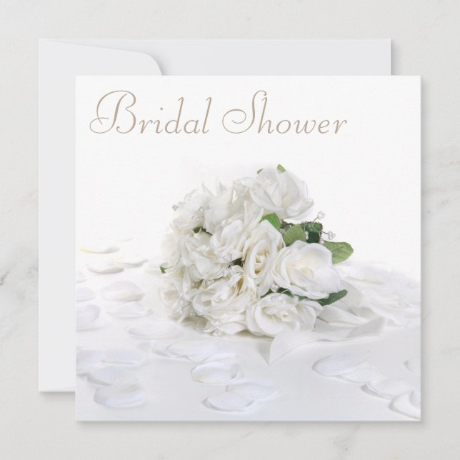 Chic White Roses Bouquet & Petals Bridal Shower Invitation (Front)