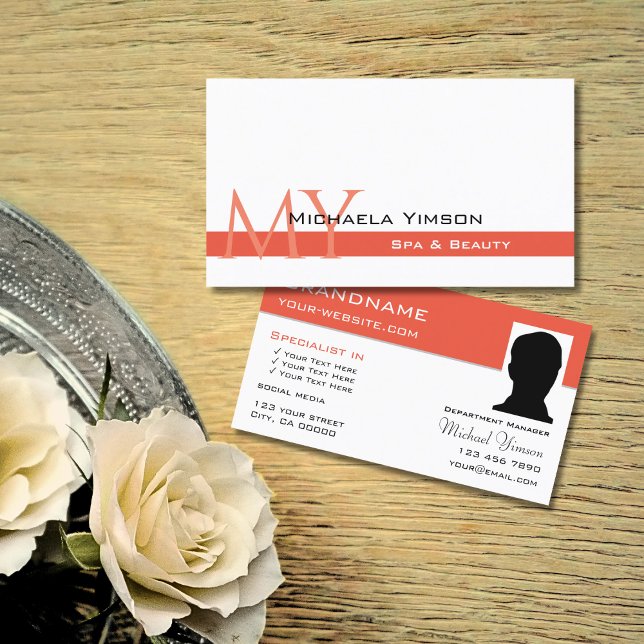 Chic White Salmon with Monogram and Photo Classic Business Card (Creator Uploaded)