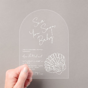 Chic White Scallop Shell Sea You Soon Baby Shower Acrylic Invitations