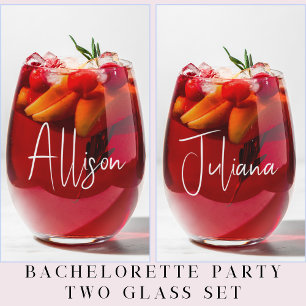 Chic White Script Bachelorette Party Wedding Stemless Wine Glass