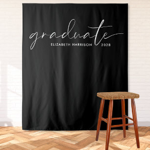 Chic White Script Black Graduation Backdrop Tapestry
