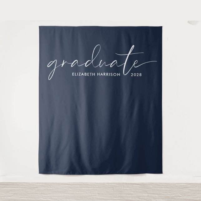 Chic White Script Blue Graduation Backdrop Tapestry (Front)