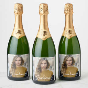 Chic White Script Modern Graduate Photo Party Sparkling Wine Label