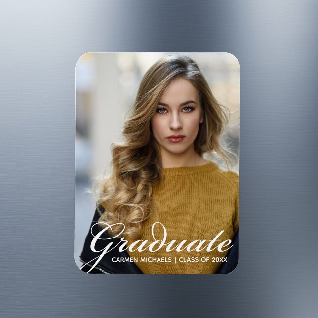 Chic White Script Overlay Modern Graduate Photo Magnet (Creator Uploaded)